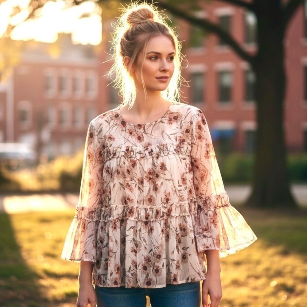 Lucky‎ Brand Blouse Top Floral Ruffle Bell Peasant Sheer Country Boho Women's S